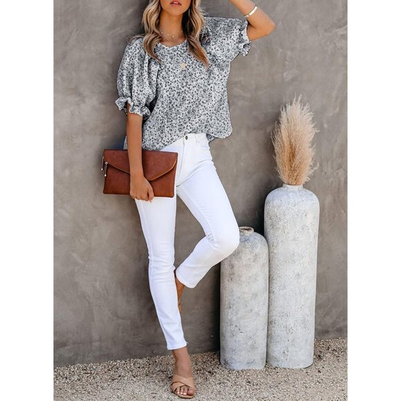 Women Print Blouse Crewneck Smocked Puff Sleeve Shirts Casual Babydoll Tops - Picture 4 of 6